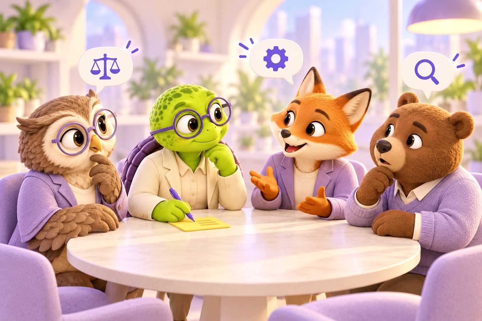 A turtle moderator takes notes as an owl, a fox and a bear discuss different perspectives around a round table