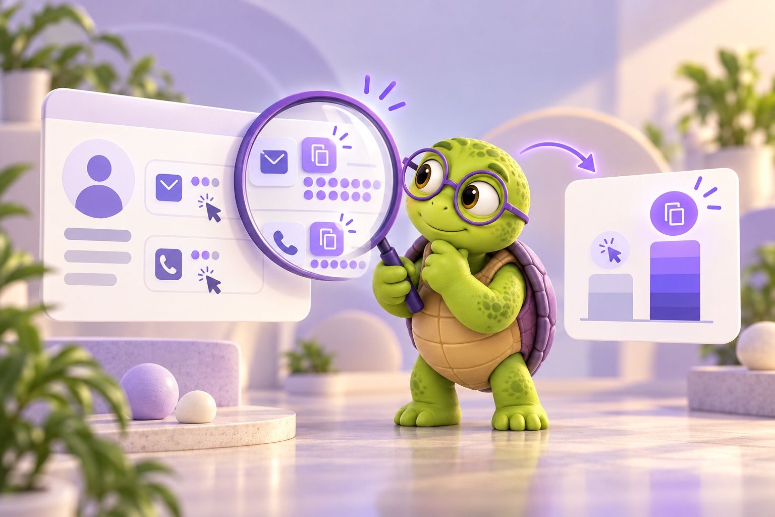 A green turtle character examines a contact detail report through a magnifying glass, revealing email address and phone number copy events alongside link clicks.