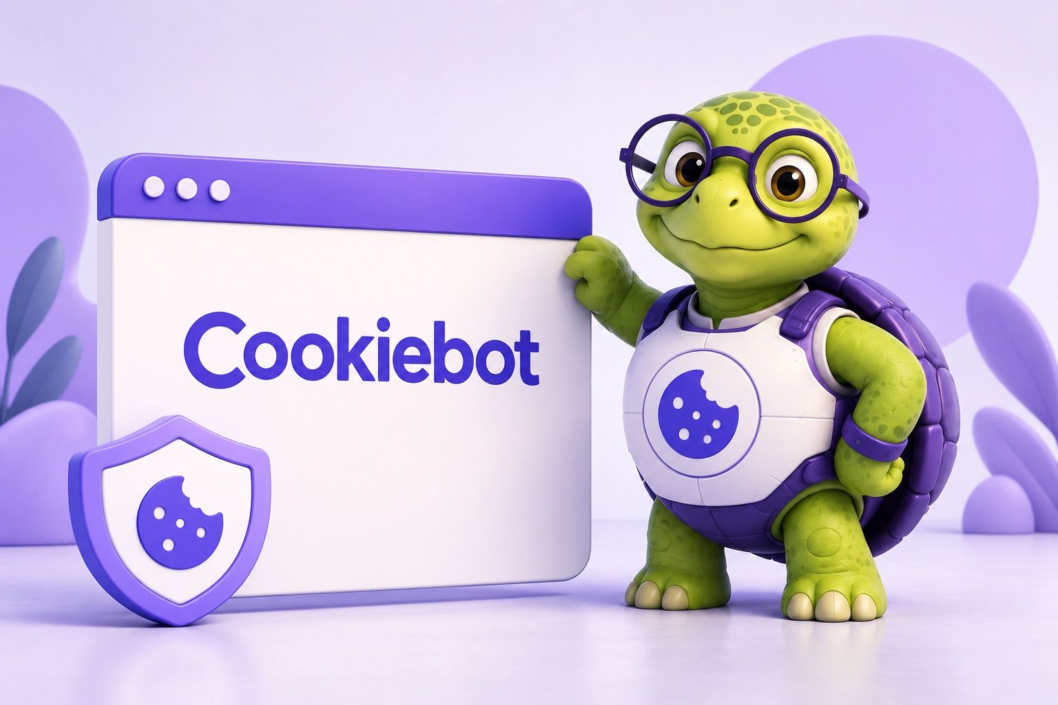 Cartoon turtle with glasses standing beside a browser window showing the Cookiebot logo and a cookie shield