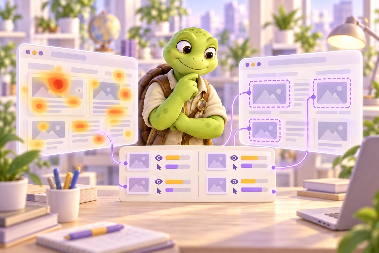 A turtle character compares a website heatmap with a report on how often content elements are seen and used.