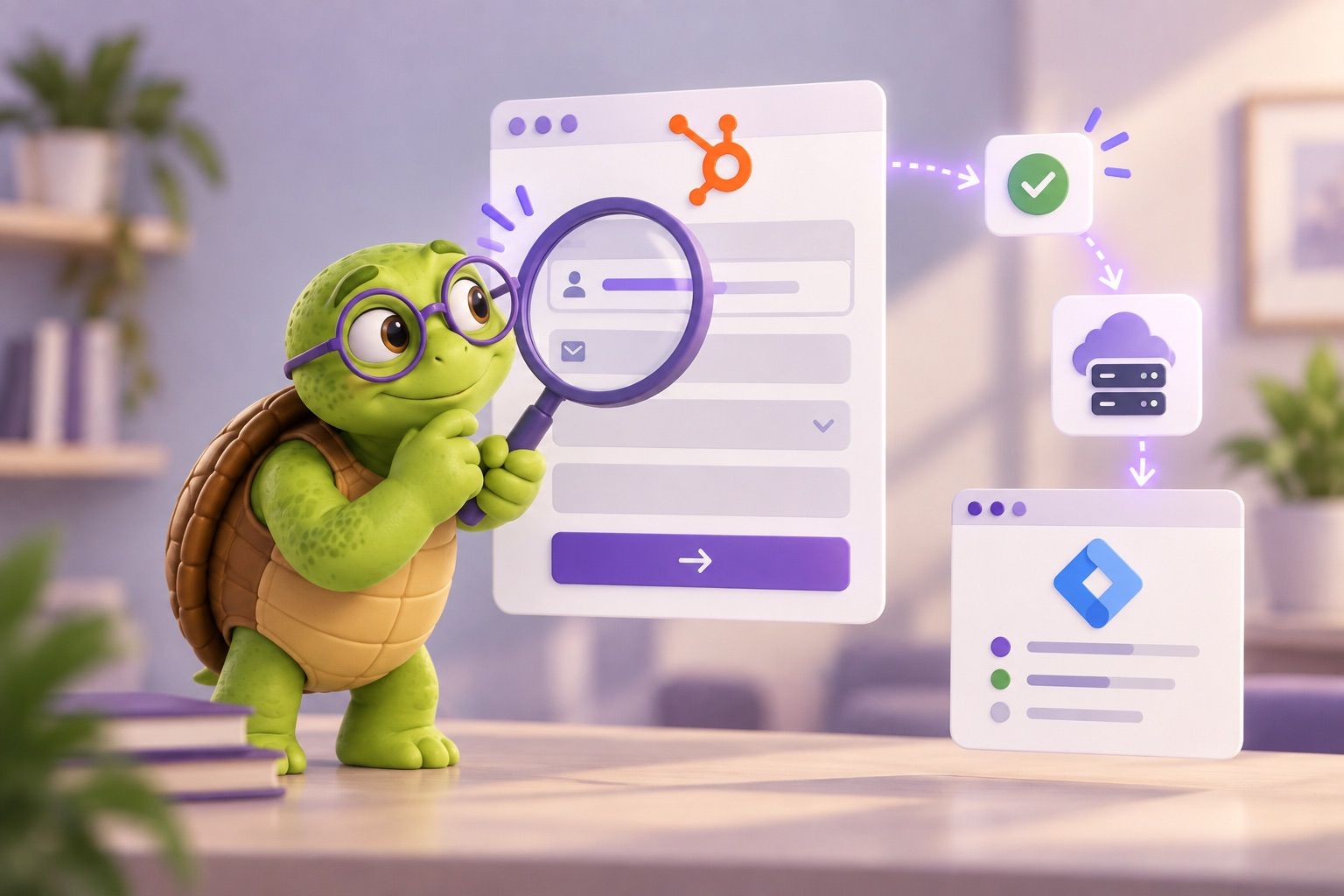 Cartoon turtle with glasses inspecting a HubSpot form through a magnifying glass, with a successful submission passing through a cloud lookup service into a Google Tag Manager window
