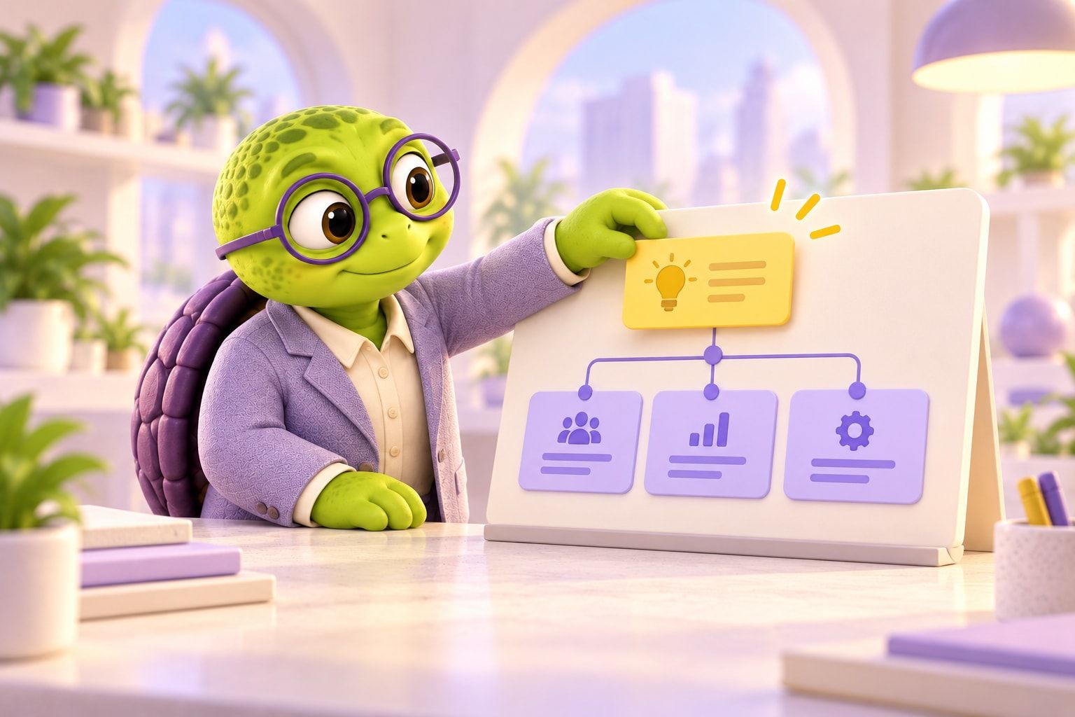 A turtle in a lavender suit places a yellow key-message card above three purple supporting cards on a presentation board