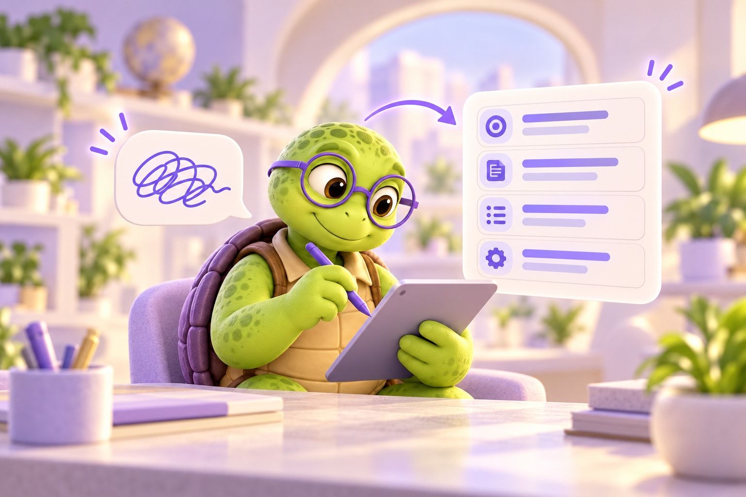 A turtle wearing purple glasses edits a prompt on a tablet as a tangled speech bubble becomes a structured instruction card