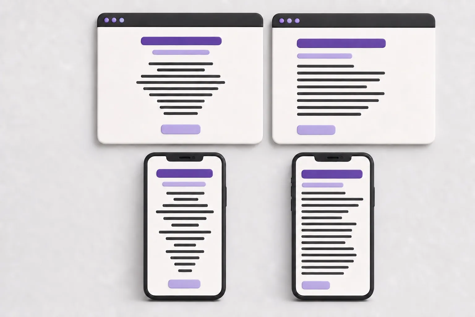 Comparison of centered and left-aligned text in desktop and mobile views. The uneven line starts of centered text become more pronounced on mobile.