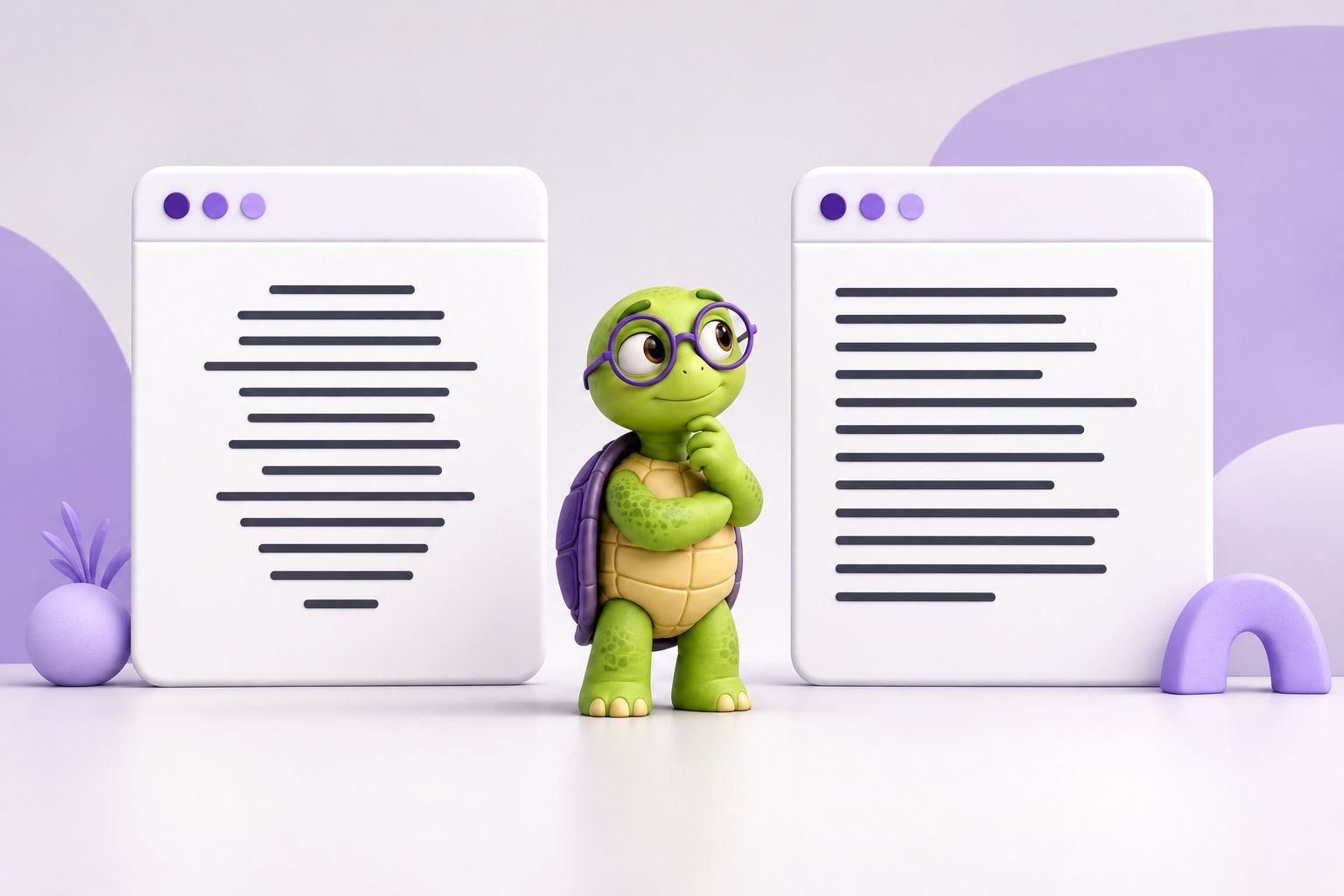 Green cartoon turtle wearing glasses compares centered and left-aligned paragraphs